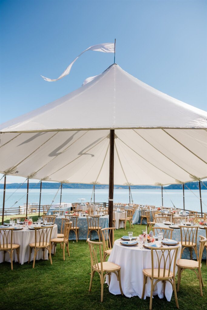 Sailcloth Tent Hope Island Beach Club Sail cloth tent for a wedding in la conner. Waterfront wedding venue.
