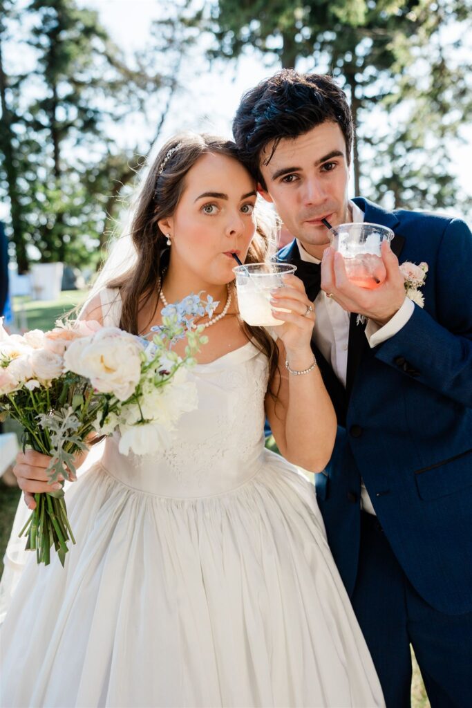 Bride and group sipping on signature cocktails served by Tipsy Trailer in PNW. Prologue Events planned event. 