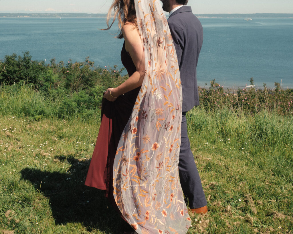 embroidered veil with puget sound in the background