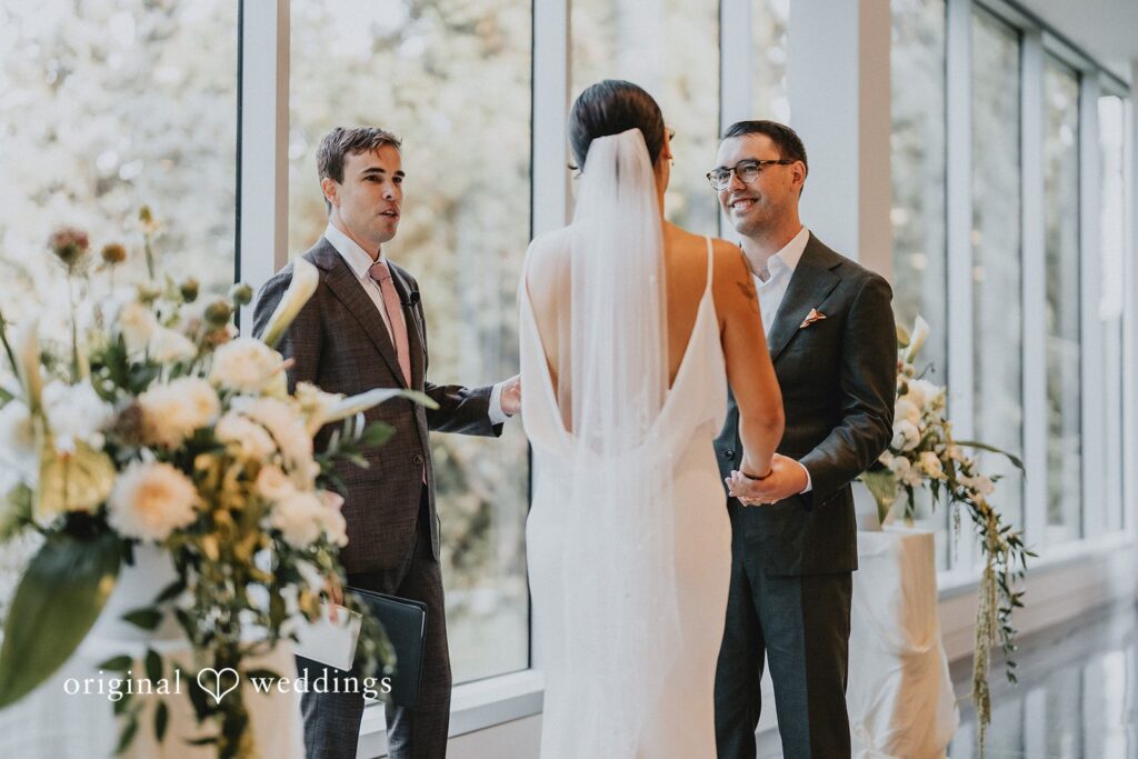 bride and groom at the altar at the seattle asian art museum